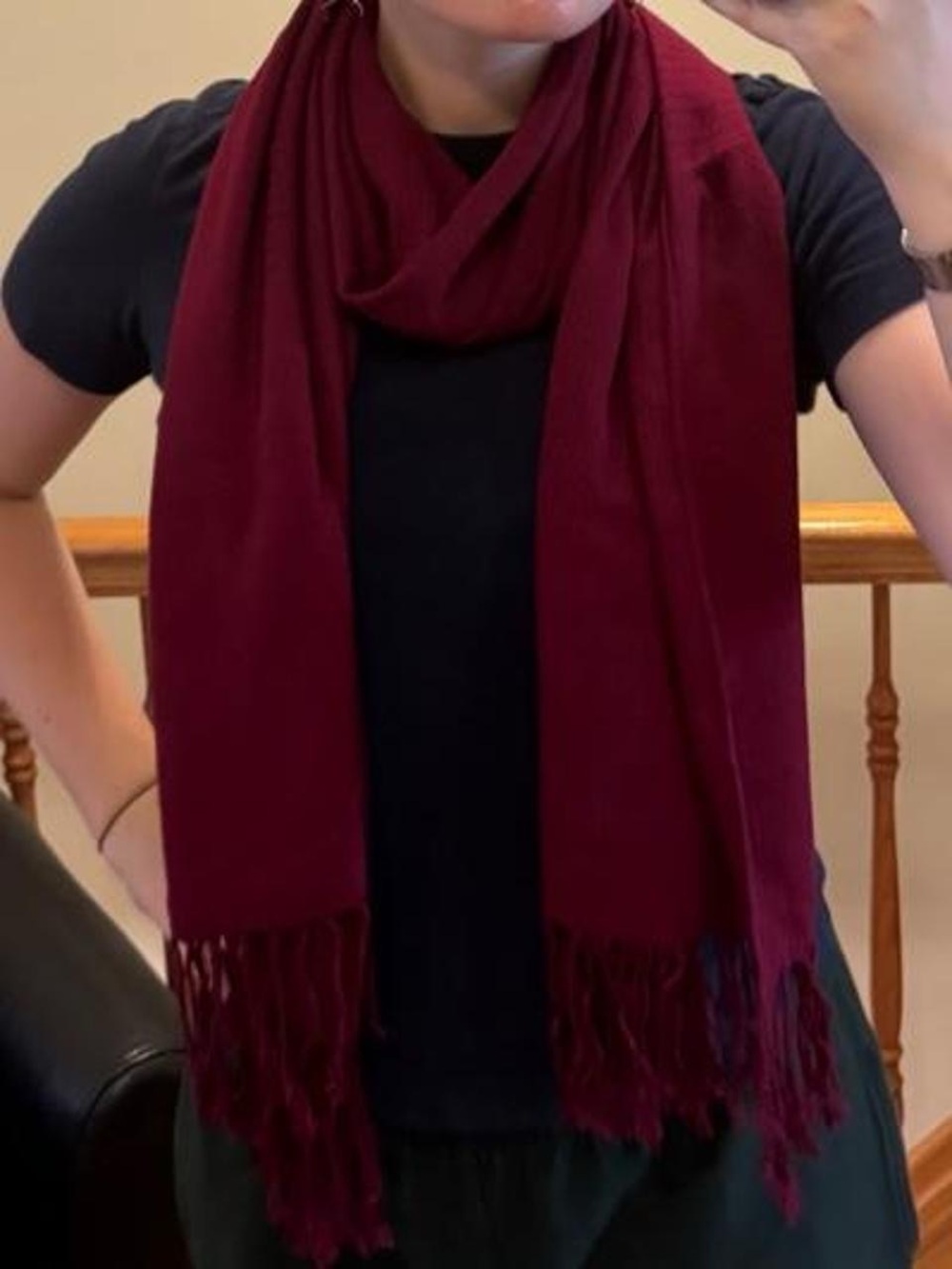 cozy red scarf with fringe
